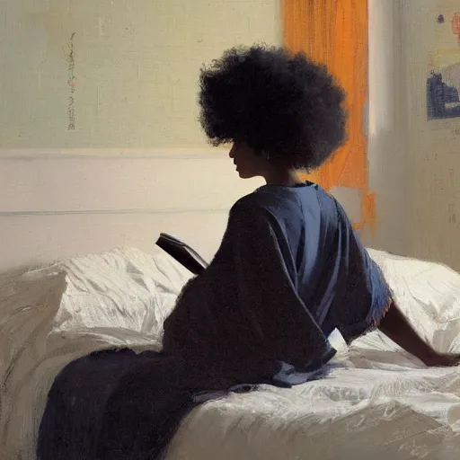 Image similar to girl with afro with a comb in it, in kimono, backview, sitting on edge of bed, reading a book, by jeremy lipking, tim rees, joseph todorovitch