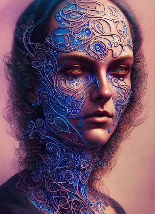 Image similar to hyper detailed masterpiece, psychedelic face tattoo pattern, jean giraud, digital art painting, dream wave aesthetic, ethereal, artgerm, donato giancola, tom bagshaw