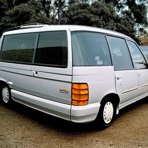 Prompt: very round 1990s Toyota Previa, 70mm flash photography