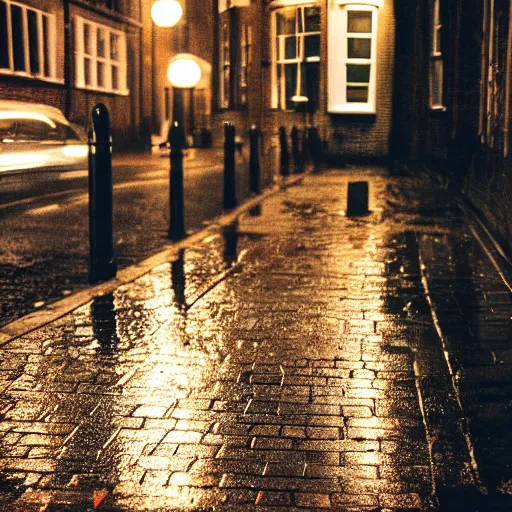 Image similar to photo, london cobblestone street at night, rain, 5 0 mm f / 1. 4, cinestill 8 0 0,