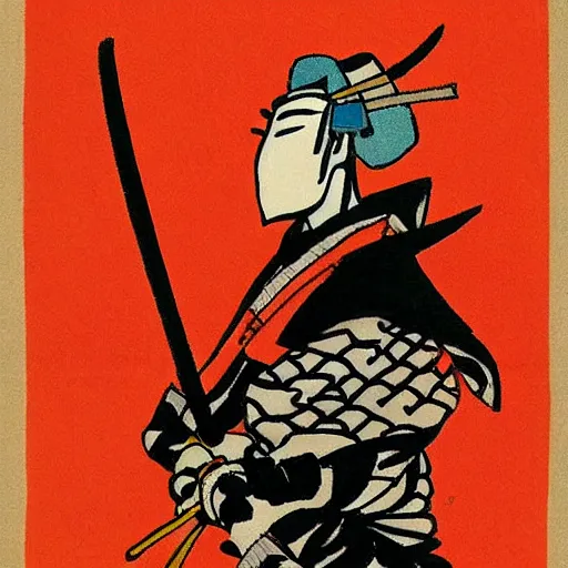 Prompt: highly stylized samurai holding a katana,striking colors