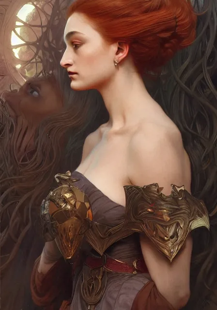 Image similar to portrait of sansa demon, intricate, elegant, highly detailed, digital painting, artstation, concept art, smooth, sharp focus, illustration, art by artgerm and greg rutkowski and alphonse mucha and william - adolphe bouguereau