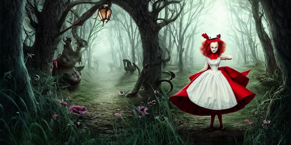 Image similar to Alice in wonderland, horror style, wide angle, super highly detailed, professional digital painting, artstation, concept art, smooth, sharp focus, no blur, no dof, extreme illustration, Unreal Engine 5, Photorealism, HD quality, 8k resolution, cinema 4d, 3D, beautiful, cinematic, art by artgerm and greg rutkowski and alphonse mucha and loish and WLOP