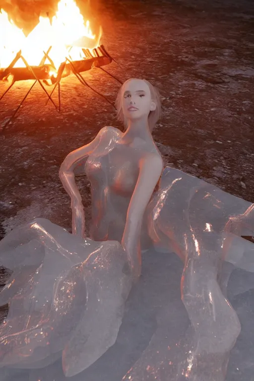 Image similar to a beautiful woman made out of crystal ice sitting by a campfire and slowly melting, by iris van herpen, unreal engine 5, volumetric lighting, path tracing, outdoor campfire pit