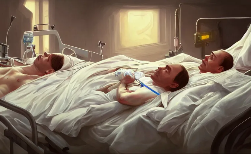 Image similar to Putin lies in hospital bed with an oxygen mask, intricate, portrait, highly detailed, digital painting, artstation, concept art, smooth, sharp focus, illustration, cinematic lighting, art by artgerm and greg rutkowski and alphonse mucha