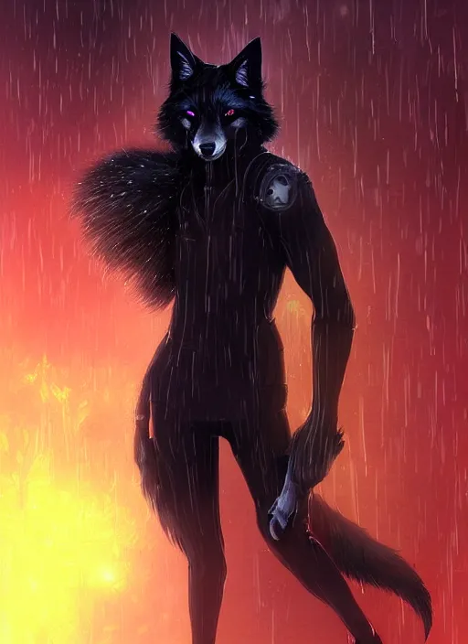 Image similar to award winning beautiful portrait commission art of a male furry anthro black fox fursona with a tail and a cute beautiful attractive detailed furry face wearing stylish cyberpunk clothes in a cyberpunk city at night while it rains. Character design by charlie bowater, ross tran, artgerm, and makoto shinkai, detailed, inked, western comic book art