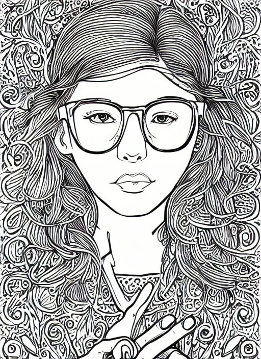 Prompt: clean line art of a woman with light brown hair and glasses reading books. well composed, clean coloring book page, beautiful detailed face. coloring book line art by johanna basford