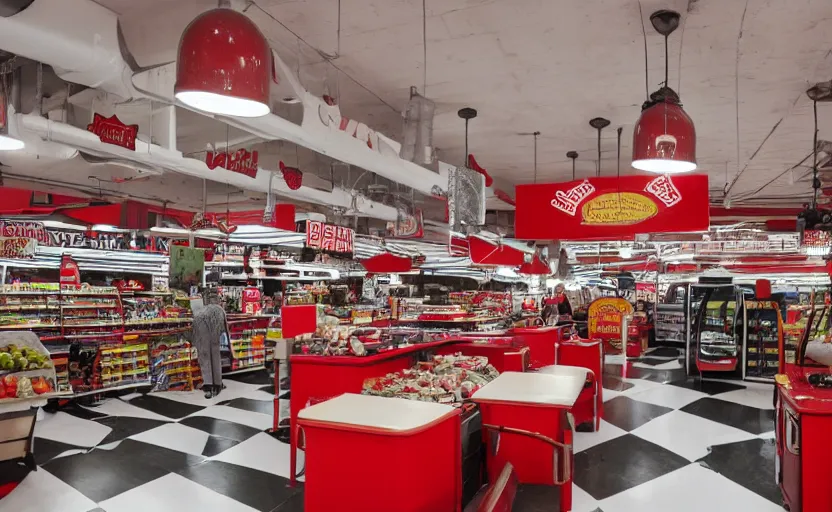 Image similar to interior of a 1950s style super market, retro equipment, red, black and white checkered patterns, us style