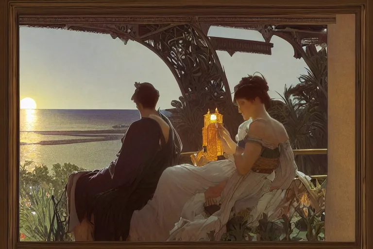 Image similar to a matte painting of a man watching the sunset with his wife in his house by the beach, by greg rutkowski, by alphonse mucha, muted colors