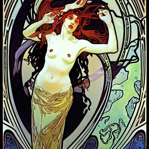 Image similar to persephone in hell, painted by alphonse mucha