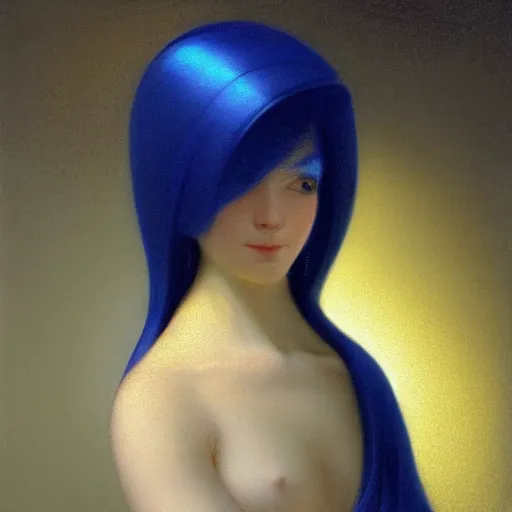Image similar to a young woman's face, her hair is white and she wears a cobalt blue satin cloak, by ivan aivazovsky and syd mead and moebius and gaston bussiere and roger dean and pieter claesz and paul delaroche and alma tadema and aelbert cuyp, hyperrealistic, volumetric light, octane render