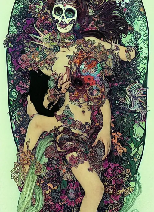 Image similar to cute punk goth fashion fractal Día de los Muertos tattooed alien girl posing, psychedelic poster art of by Victor Moscoso Rick Griffin Alphonse Mucha Gustav Klimt Ayami Kojima Amano Charlie Bowater, masterpiece