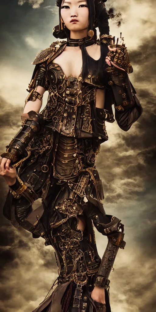 Prompt: vertical movie frame with asian female standing on steam punk train, armor inspired by ancient japan and fashion, clean beautiful face, epic, perfect body, brutal blooded sluty, award winning, establishing shot, extremely high detail, photorealistic, brutal, provocative, octane render, editorial, extreme sports photography