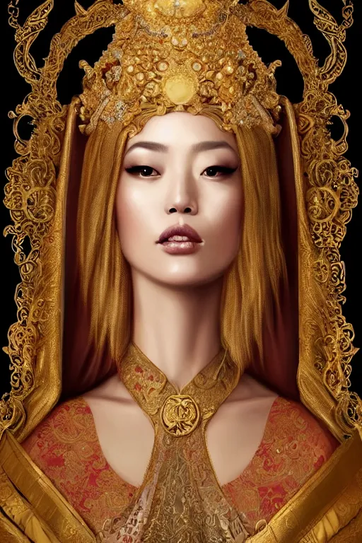 Image similar to a beautiful empress portrait, with a brilliant, impossible striking shiny big gold headpiece, gold clothes, rococo, baroque, jewels, asian, realistic, closeup, D&D, fantasy, intricate, elegant, highly detailed, digital painting, artstation, octane render, 8k, concept art, matte, sharp focus, illustration, art by Artgerm and Greg Rutkowski and Alphonse Mucha