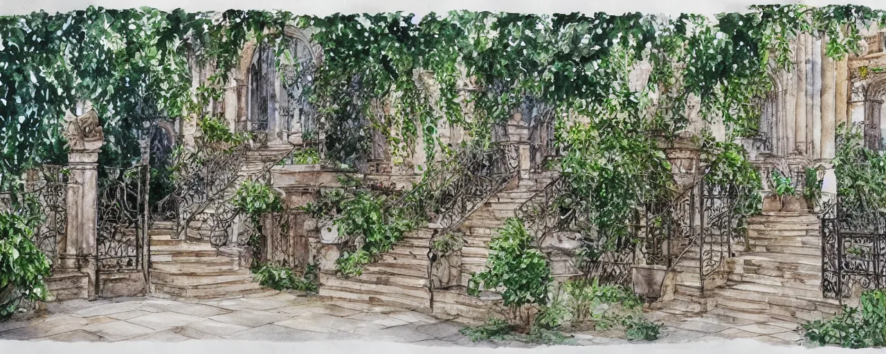 Prompt: wide angle, stairway, chairs, wrought iron gates, tree, delicate water in a botanic garden, garden road, temple in a botanical herbarium paper, watercolor colored painting, iridescent colors, realistic shaded, fine details, artstation, italian style, colonnade, huge flowers, architecture