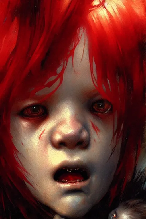 Prompt: beautiful vampire with red hair eating a baby shin - godzilla, extreme close up detailed face portrait dnd, painting by gaston bussiere, craig mullins, greg rutkowski, yoji shinkawa