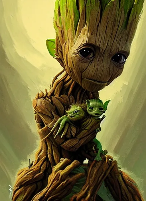 Image similar to very detailed masterpiece painting of groot holding yoda, portrait, artstation, concept art by greg rutkowski