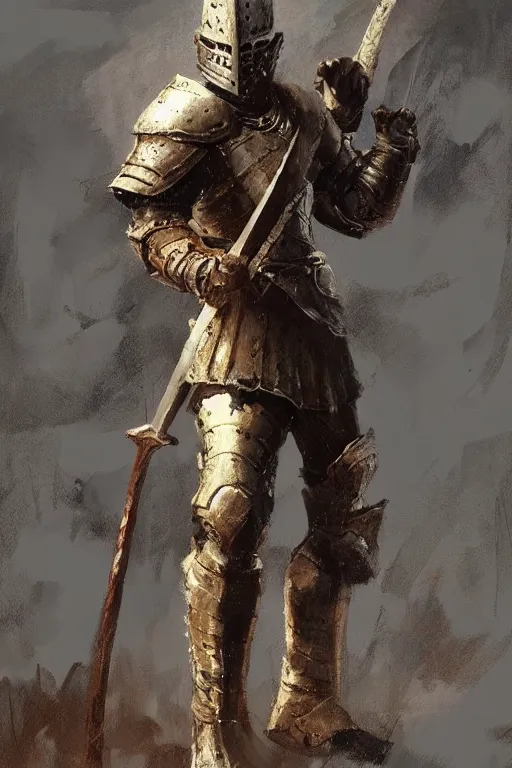 Image similar to a knight in hide armor holding an axe, leaning against an axe, axe!!! concept art in style of Greg Rutkowski, painted by Frank Frazetta, John Singer Sargant