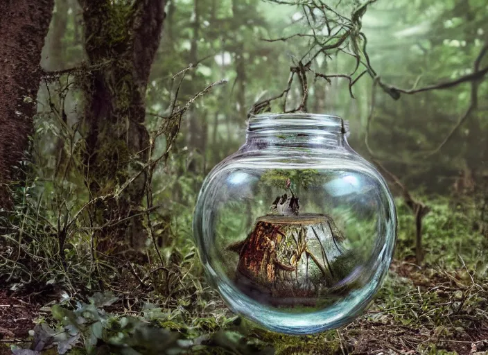 Prompt: photo of a glass jar a magic portal to another world. standing in the forest. Fantasy magic style. Highly detailed 8k. Intricate.