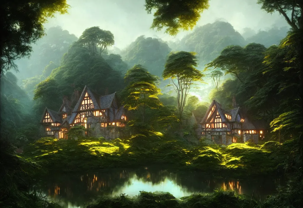 Image similar to a tudor house on a hillside surrounded by jungle with a pond, blue sky, cinematic view, detailed architecture, concept art, high detail, well lit, volumetric, godrays, vivid, trending on artstation, by jordan grimmer, art greg rutkowski