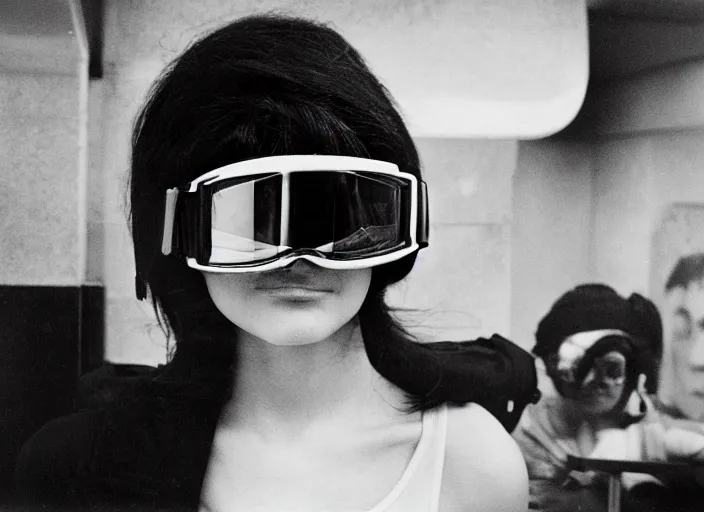 Prompt: close - up portrait of a young woman wearing a choker and ski goggles, in a subway, richard avedon, tri - x pan