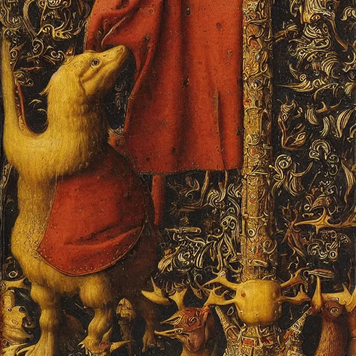 Prompt: sampling the bestiary, close up. jan van eyck