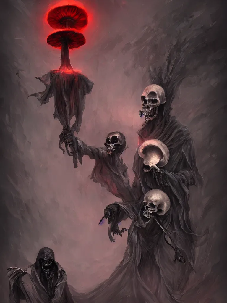 Image similar to the grim reaper stealing the soul from a humanoid mushroom. Dark fantasy art by so-bin. Trending on artstation