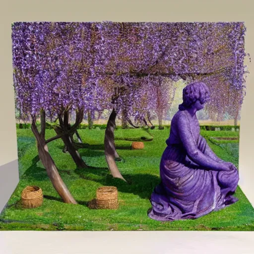 Prompt: deep purple artificial, cosy by fra angelico, by claude monet. a beautiful sculpture depicting a farm scene. the sculpture shows a view of an orchard with trees in bloom.