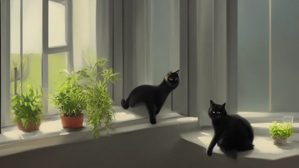 Prompt: peaceful dreamy oil painting of a content black cat sitting by a window and looking outside, sunshine coming through the window, small plants on the window sill, 8k, hyper realism, trending on artstation, octane render