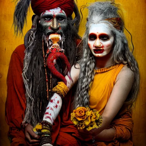 Image similar to realistic expired kodak film portrait of aghori tantrik with kapala, albino india woman tentacled creature mix, marigold, roses celestial vibe, hyperrealism, hypermaxiymalism, photorealistic, detailed, atmospheric, 8 k, award winning photography, cinematic