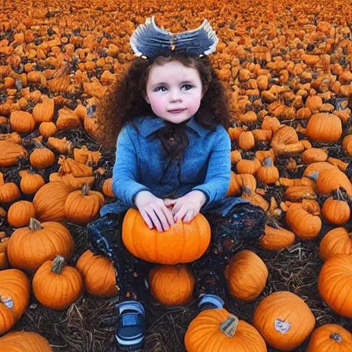 Image similar to a cute little girl with light brown wavy curly hair and blue eyes sitting amidst piles of pumpkins. beautiful cute highly detailed face. she is wearing a crown of autumn leaves. autumn and fall and halloween themed painting by artgerm and greg rutkowski and magali villanueve.