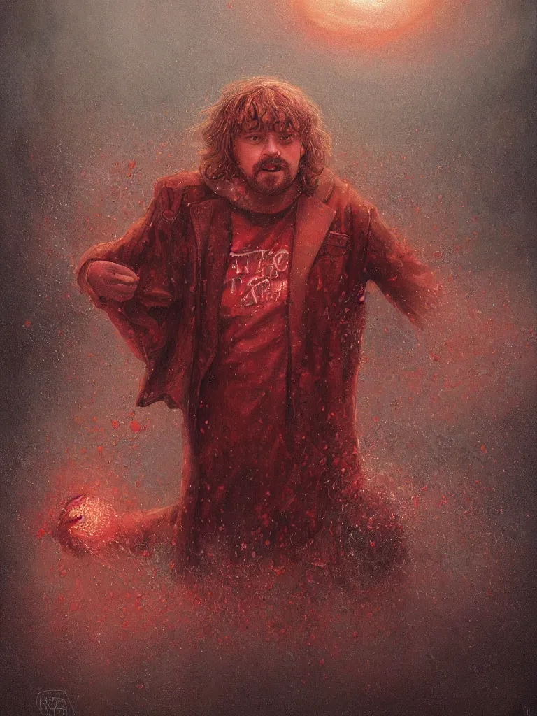 Prompt: a detailed painting with Mike Wheeler of Stranger Things being held by the red dust, rain, fear, traces by Andrew Ferez, cg society, fantasy art, biomorphic, mystical, whimsical