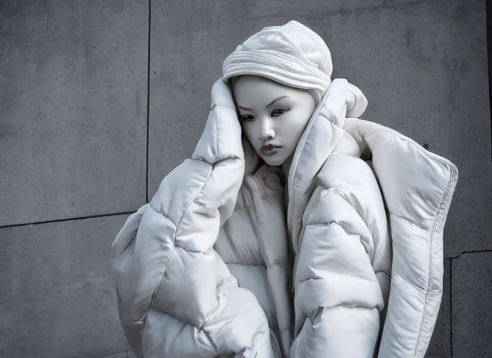 Image similar to well lit fashion shoot portrait of extremely beautiful female marble statue wearing huge over size puffer jacket by dingyun zhang, yeezy, balenciaga, vetements, a cold wall, sharp focus, clear, detailed,, cinematic, detailed, off white, glamourous, symmetrical, vogue, editorial, fashion, magazine shoot, glossy