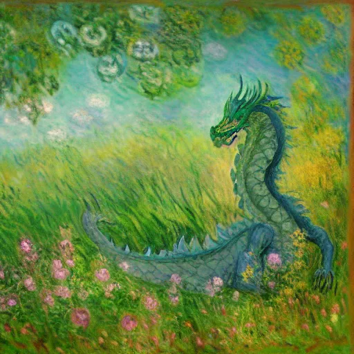 Prompt: A large green dragon sitting in a flowery meadow by Claude Monet, deviantart, furaffinity