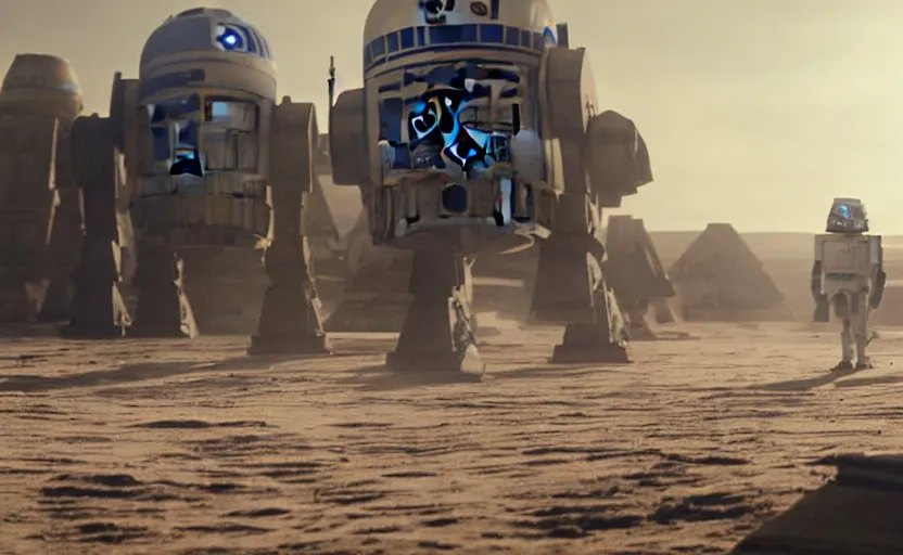 Image similar to a screenshot wide shot of hybrid giant R2-D2 mixed with an AT-AT land walkers, marching on a red landscape, from Star Wars The Last Jedi, iconic scene from the 1980 film directed by Stanley Kubrick, shot on anamorphic lenses, cinematography, 70mm film, lens flare, kodak color film stock, ektachrome, immensely detailed scene, 4k