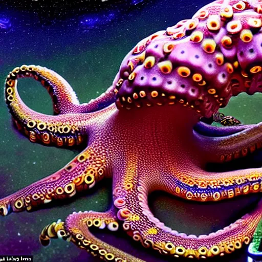 Image similar to hyperrealism photography in araki nobuyoshi style computer simulation visualisation of detailed octopus riding on a astronaut back in the detailed ukrainian village in dramatic scene from movie the big lebowski ( 1 9 9 8 ) rendered in mandelbulb 4 d