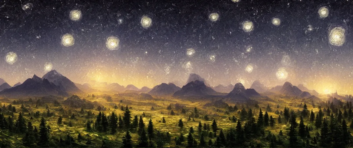 Image similar to digital painting of a ultra detailed starry night, Perseides meteor shower, ultra detailed hill top over behind a forest, large mountains in back, concept art, low angle, high detail, warm lighting, volumetric, godrays, vivid, beautiful, trending on artstation, by Jordan Grimmer, no focus, huge scene, ultra detailed trees, F11 aperture, levitating Buddhist monk dressed in yellow garment silhouette, in the style of ALBERT BIERSTADT