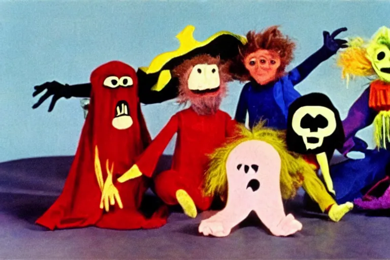 Prompt: a full color still from a weird 1 9 7 3 kids show about death, pirate puppets, fuzzy ghost