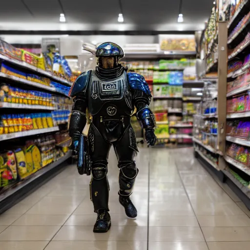 Image similar to a man wearing futuristic space marine armor walks into a grocery store, photography, movie still, dslr 5 5 mm, 4 k