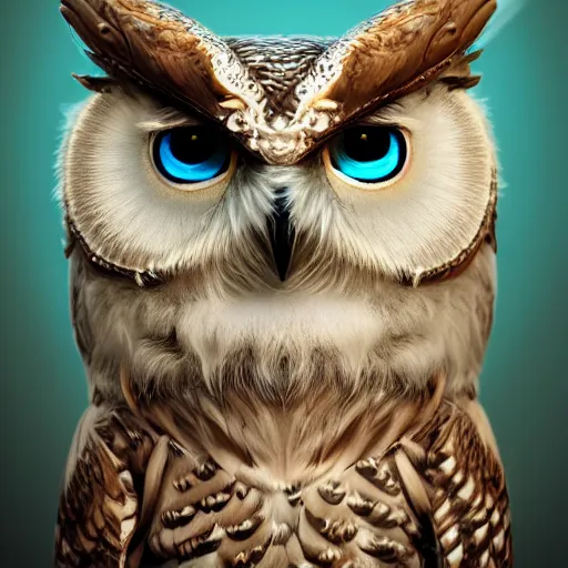 Image similar to cute owl, charactor, with big blue eyes, with a crown on his head, magical, warrior, portrait, hyper detailed, stylistic, symmetrical, 3 d render, photorealitic, 8 k, octane render