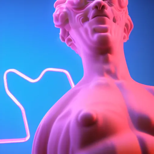 Image similar to unreal engine octane render houdini hyperreallistic render 8k marble statue of the minotaur vaporwave blue and pink neon background