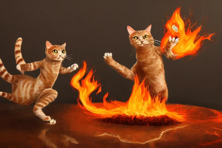 Prompt: a high detail paint of Two cats dancing around flaming earthenware, in simple background, concept art, mad painting