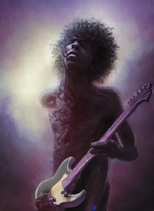 Image similar to fantasy changeling black kid with long curly hair playing electric guitar, between worlds, dim light, front game card, marvel comics, dark, intricate, highly detailed, smooth, artstation, digital illustration by ruan jia and mandy jurgens and artgerm and wayne barlowe and greg rutkowski and zdislav beksinski