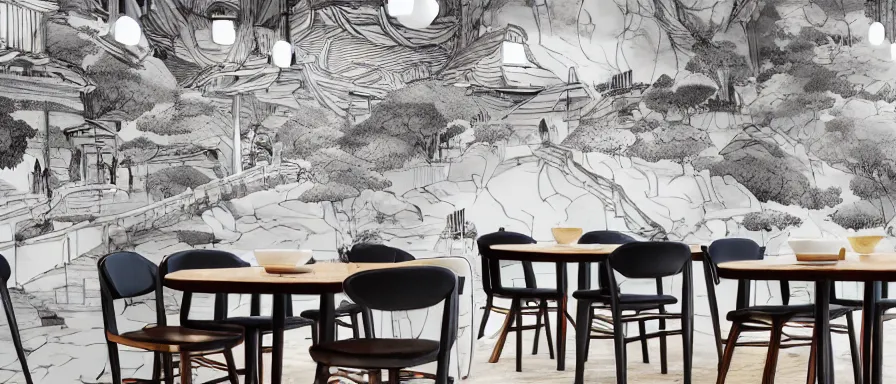 Prompt: a beautiful interior view illustration of a small roasted string hotpot restaurant of baota mountain in yan'an city, animation illustrative style, from china, restaurant wall paper is a high tower on a mountain, rectangle white porcelain table, black chair, simple style structure decoration design, victo ngai, james jean, 4 k hd