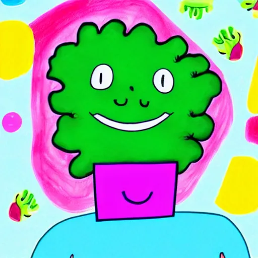 Image similar to a children illustration of a smiling happy broccoli, he is dancing, vivid bright colors