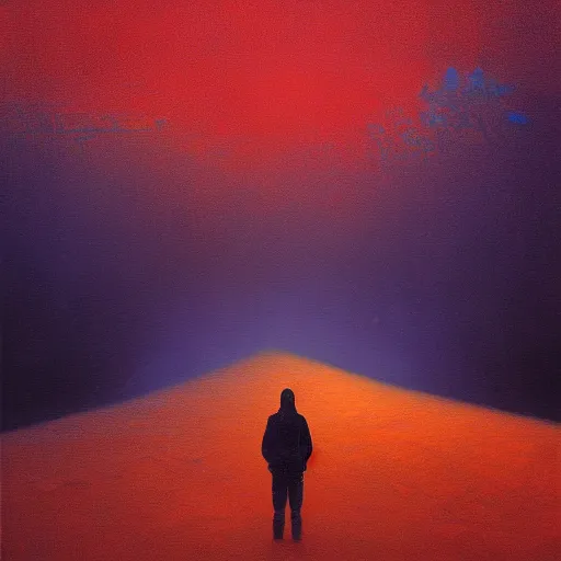 Prompt: a painting of a person standing in the snow, a surrealist painting by beksinski and by alena aenami, deviantart, nuclear art, dystopian art, apocalypse landscape, surrealist