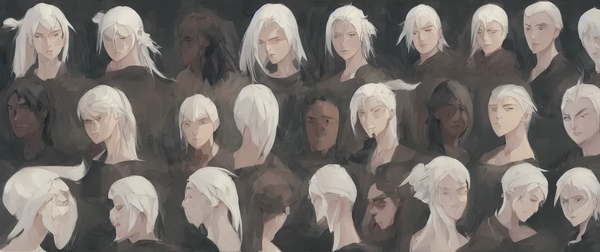 Image similar to character face study, multiple angles, directions and moods. faces only, girl with white hair, concept art finely detailed perfect art, painted by greg rutkowski makoto shinkai takashi takeuchi studio ghibli, pinterest, cevagraf comics