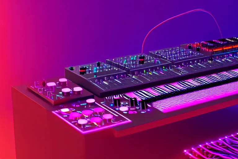 Image similar to dream synthesizer, led, cables and wires, knobs, faders, modular, vaporwave, retro wave, trending on artstation, octane render