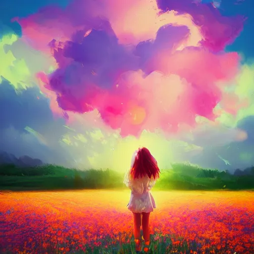 Image similar to girl with an blooming flower face, surreal photography, dream, standing in flower field, magical, in a valley, sunrise dramatic light, impressionist painting, colorful clouds, artstation, simon stalenhag, flower face