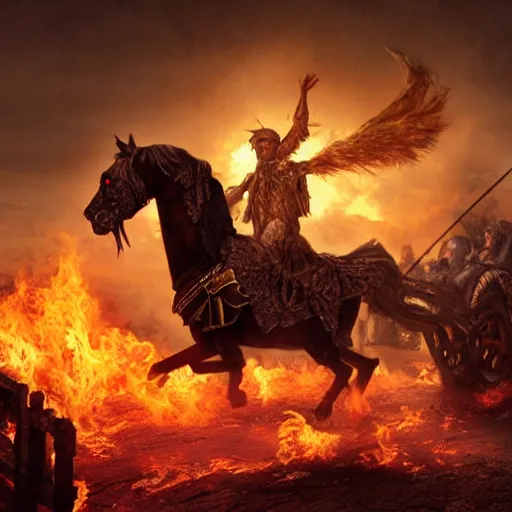 Image similar to Beautiful hyperrealistic detailed matte painting of a 60 year old man in Biblical outfit standing on an ancient chariot made of fire. Firey horses. nightime.